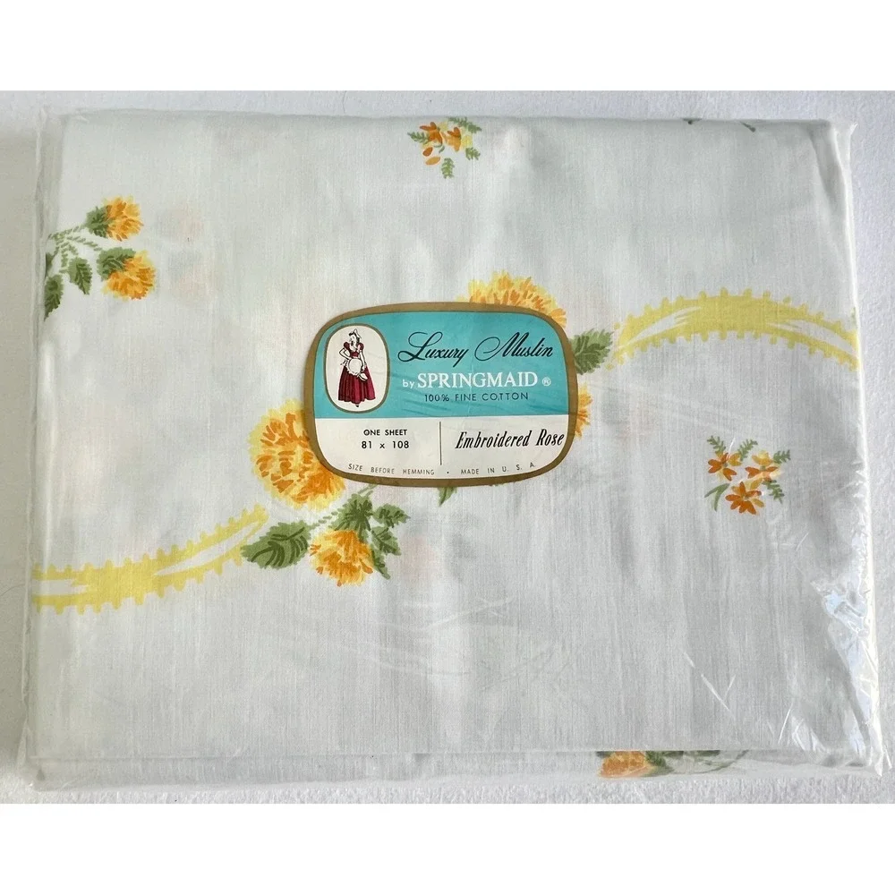 Springmaid Luxury Muslin Double Flat Sheet Embroidered Rose Yellow Floral Cotton